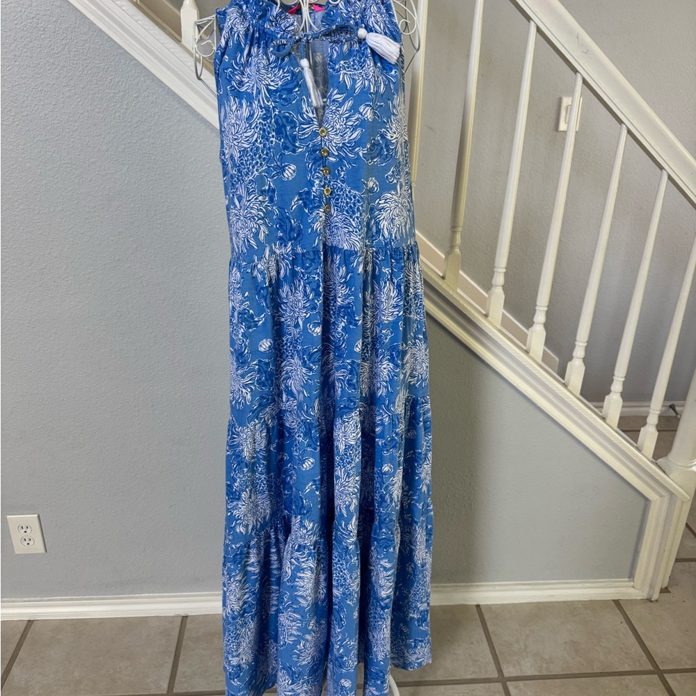 Lilly Pulitzer Malone Maxi Dress Las Olas Aqua Strong Current Sea Sz L - Picture 3 of 12